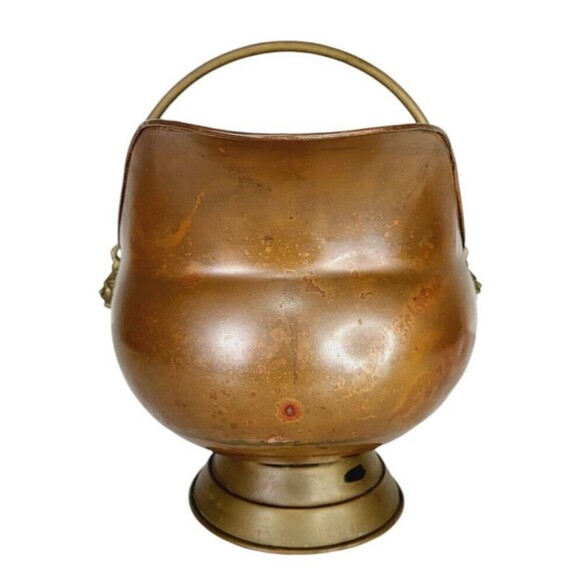 Antique Copper Brass Lion Head Hot Ash Scuttle Bucket Delft Porcelain Handle - Picture 7 of 13